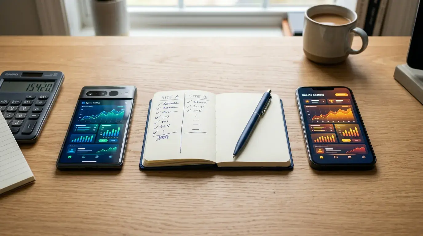 Deux smartphones affichant deux tableaux de bord de paris sportifs, une calculatrice et un carnet de comparaison