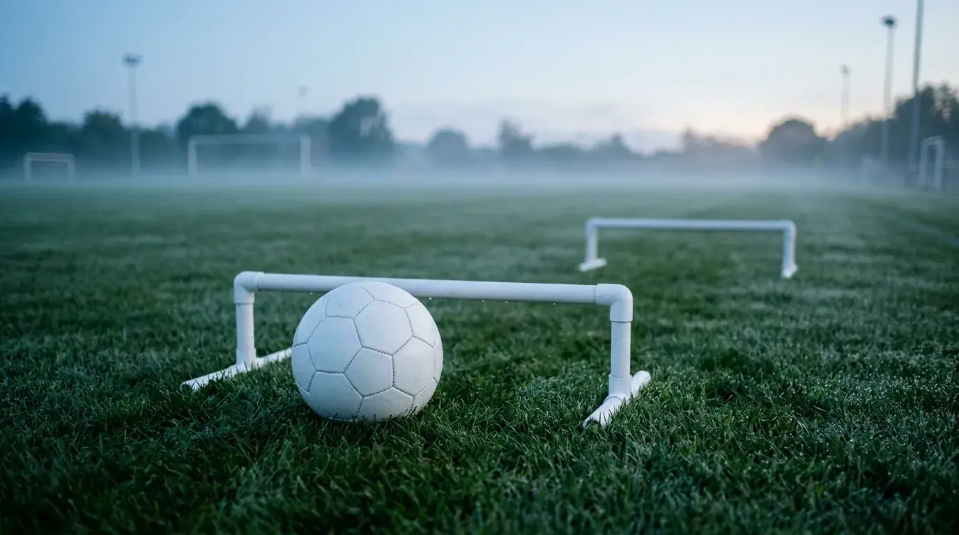 Un ballon de football posé devant deux haies basses sur un terrain brumeux à l’aube