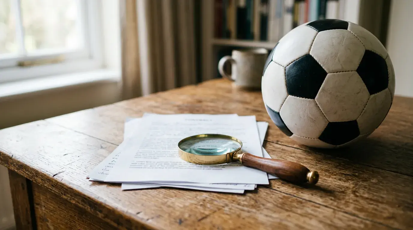 Une loupe posée sur des pages de contrat, à côté d’un ballon de football, sur un bureau en bois