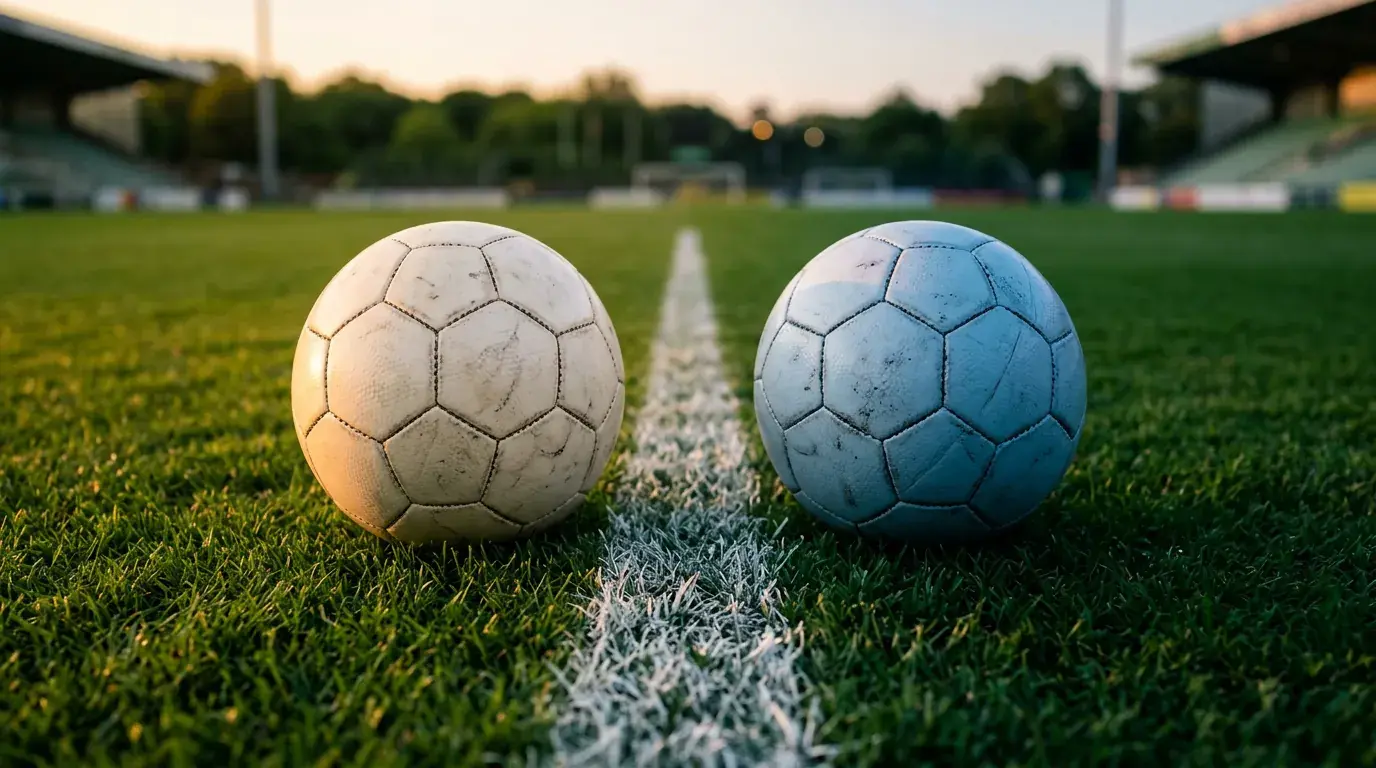 Deux ballons de football côte à côte sur la ligne médiane d’un terrain, l’un au soleil, l’autre à l’ombre