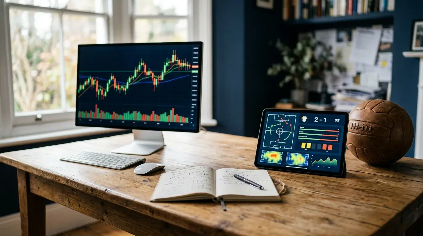 Un bureau partagé entre un écran de trading et une tablette de statistiques de football