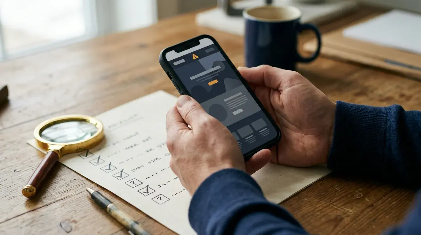 Un smartphone affichant un signal d’alerte à côté d’une liste de vérification et d’une loupe
