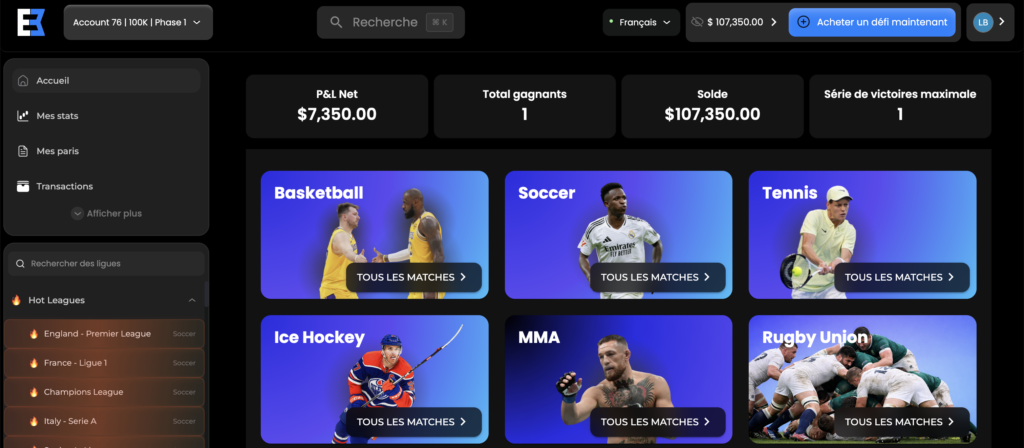 Interface de la plateforme We Bet - prop firm paris sportif