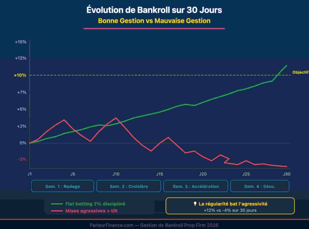 Comparaison évolution bankroll prop firm : bonne vs mauvaise gestion