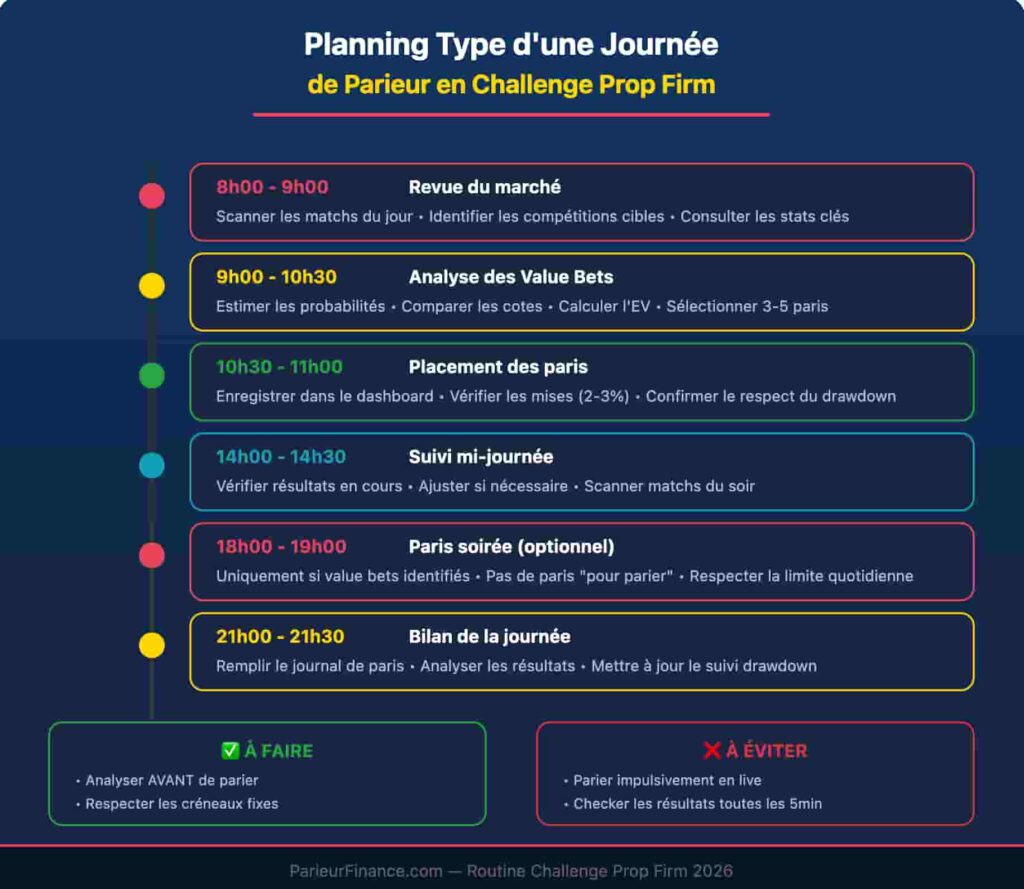 Planning et routine quotidienne pour réussir un challenge prop firm paris sportif