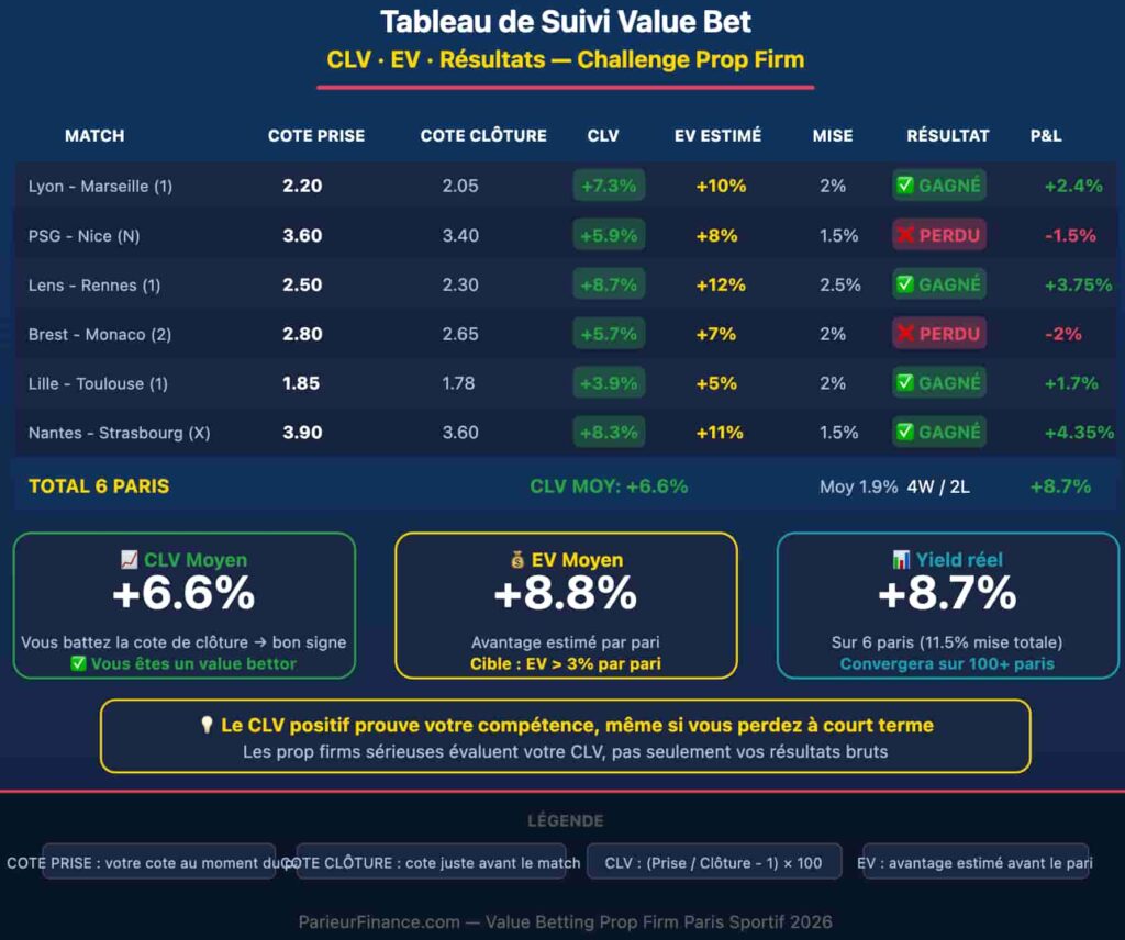 Tableau de suivi value bet pour challenge prop firm paris sportif